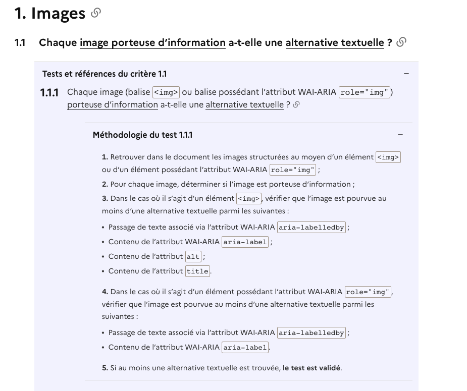 Capture d'écran d'une des nombreuses questions posées par l'outil d'audit RGAA