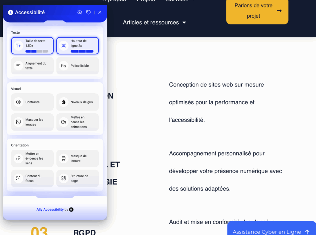 Capture d'écran illustrant l'utilisation de l'outil Ally d'Elementor sur une page web.