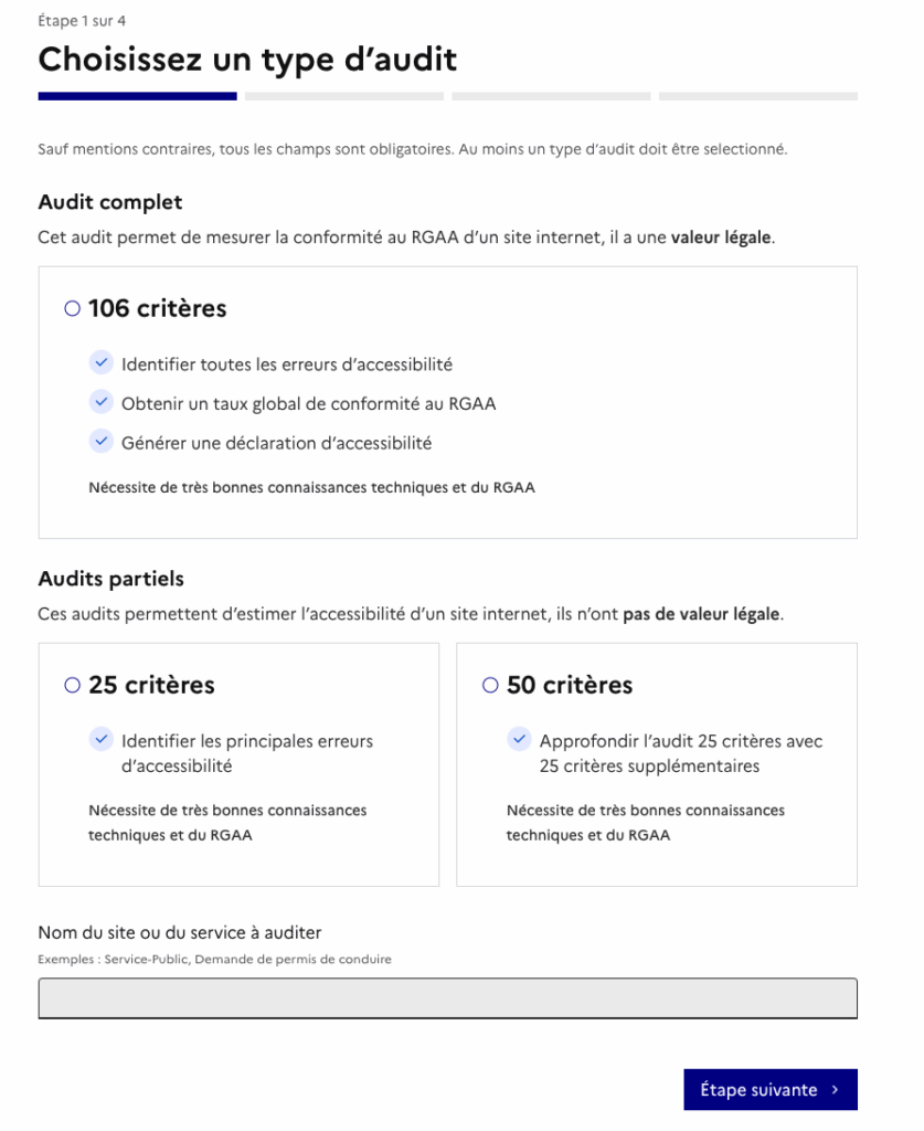 Capture d'écran de la première page de début d'audit de l'Ara