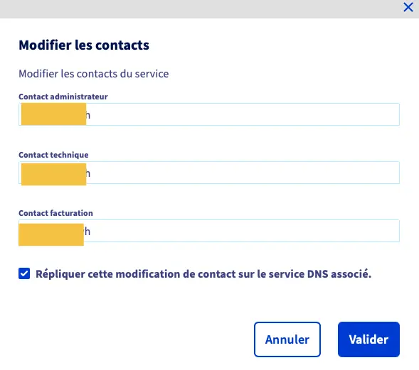 Fenêtre contextuelle de modification des contacts administrateur, technique et facturation dans l'interface OVHcloud